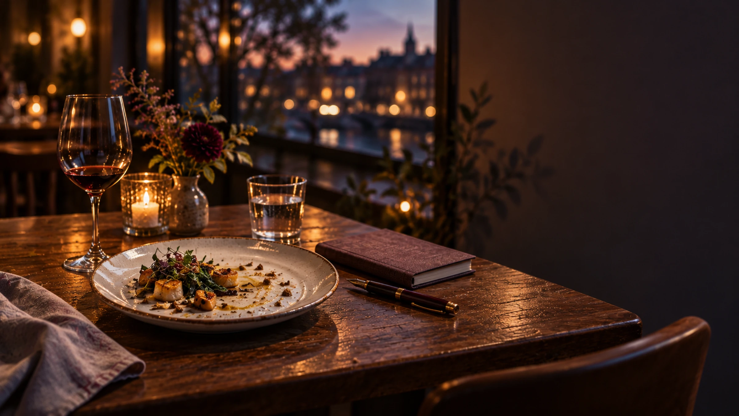 A finished restaurant plate beside a linen journal and fountain pen at blue hour.